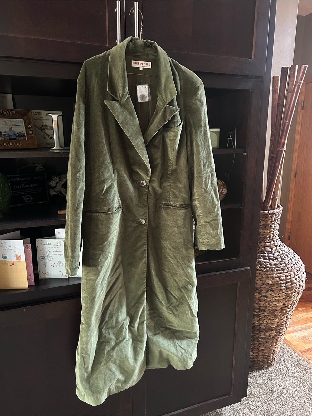 Free People Olive Green Long velvet Trench Coat
